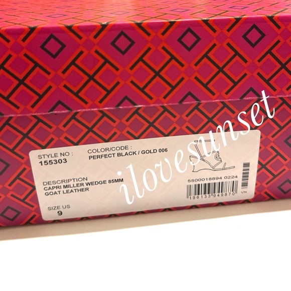 {Tory Burch} Capri Miller Wedge 85mm Sandals - Goat Leather - Black ~ Gold Logo - Picture 6 of 6